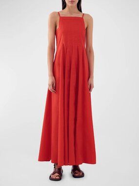 Bird & Knoll Munroe Godet-Skirt Cotton Poplin Maxi Dress in Red